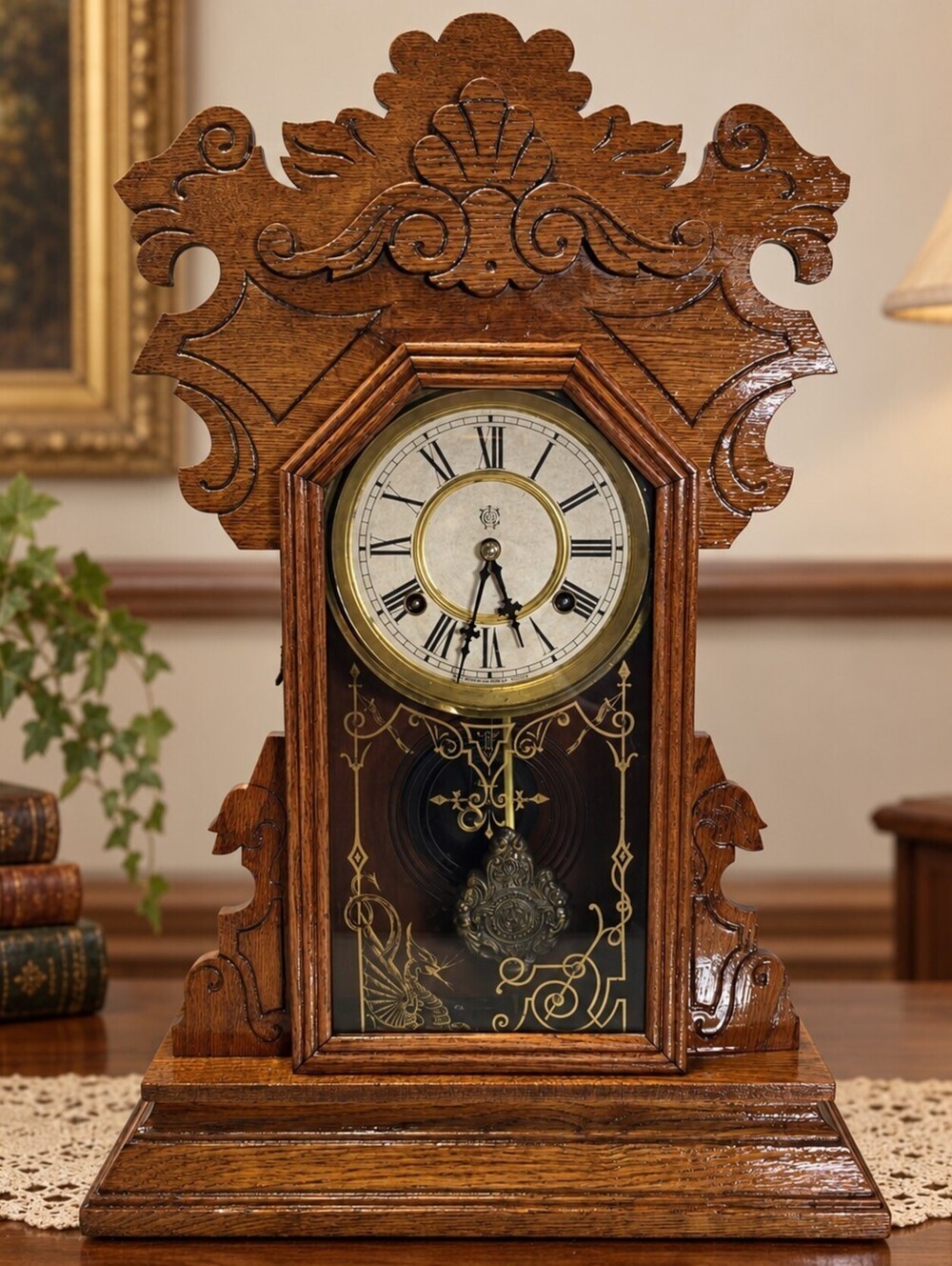 Antique 1890 Waterbury 8-Day Parlor Mantel Clock Carved Wood Key Pendulum